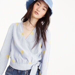 J. Crew Light Blue and Yellow Patterned Wrap Blouse